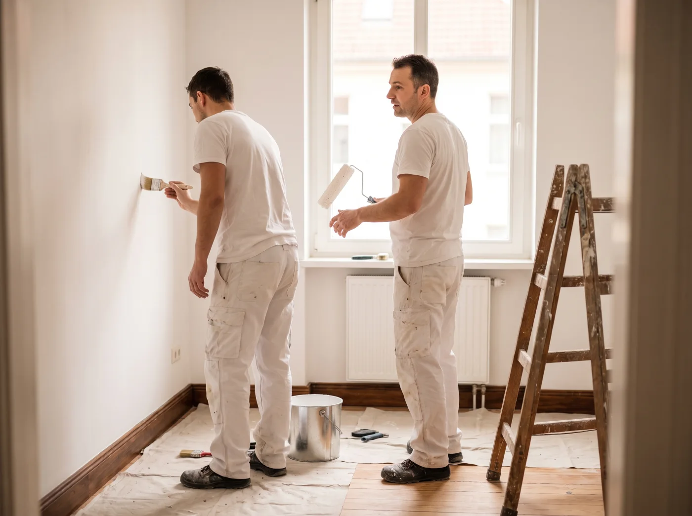 Zwei Maler des Atelier Voeste bei der Arbeit in einem Wohnraum